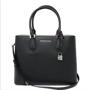 Michael Kors • Adele Black Leather Satchel Bag • Silver Hardware • Authentic